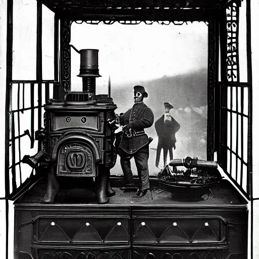 Image similar to a photograph from 1890 of mechwarrior made out of a cast iron potbelly stove