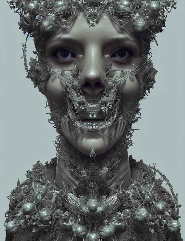 Image similar to symmetrical, centered, goddess close-up portrait wigh crown made of skulls. betta fish, phoenix, bioluminiscent creature, intricate artwork by Tooth Wu and wlop and beeple. octane render, trending on artstation, greg rutkowski very coherent symmetrical artwork. cinematic, hyper realism, high detail, octane render, 8k