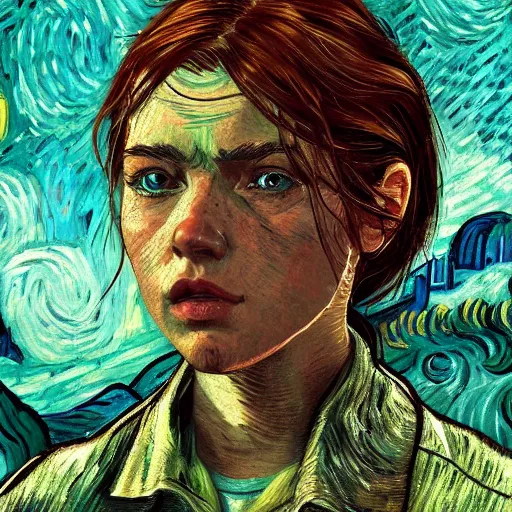 Image similar to Abby Anderson (from The Last of Us) in the style of Vincent Van Gogh, masterpiece digital painting, 4k wallpaper, intricate detail, beautiful, gorgeous, stunning, artstation