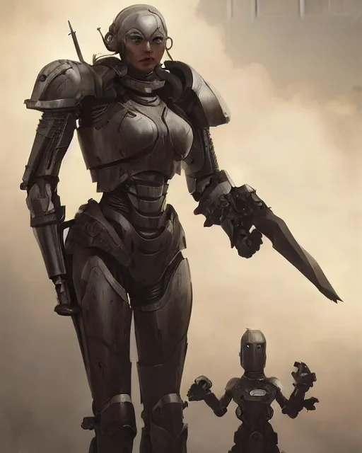 Image similar to hyper realistic photo of android armored paladin girl, with porcelaine doll face, full body, cinematic, artstation, cgsociety, greg rutkowski, james gurney, mignola, craig mullins, brom