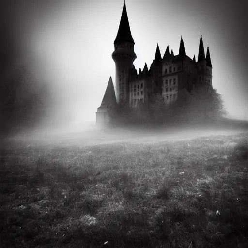 Prompt: gothic castle, mist, fog