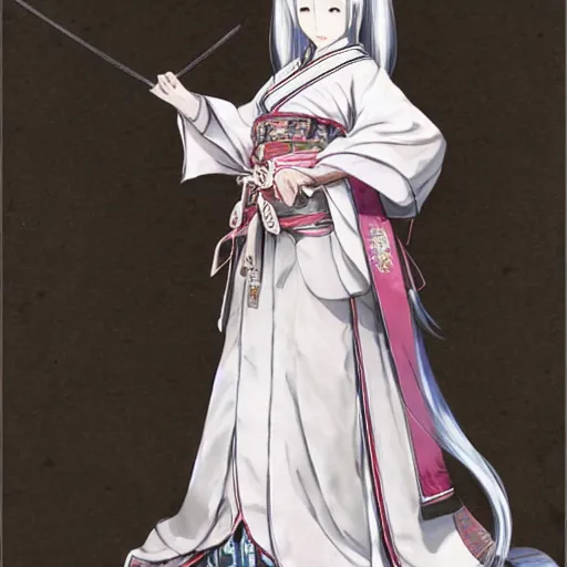 Image similar to full body shot of a japanese princess young lady, beauty, with a long white, white hair, ganyu cosplay, artwork by Akihiko Yoshida