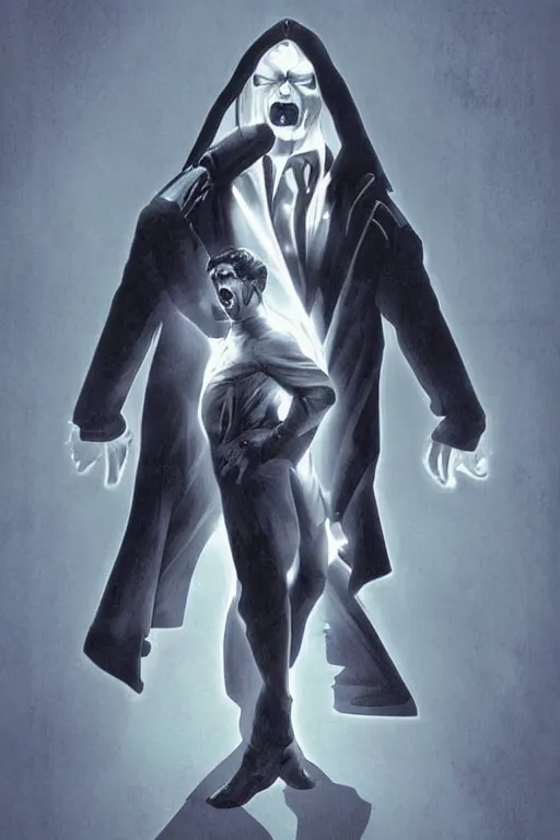 Image similar to aesthetic digital illustration of a handsome young man standing in an empty white room by brian bolland, rachel birkett, alex ross, and neal adams | sinister, dangerous, character concept, concept art, unreal engine, finalrender, centered, deviantart, artgerm