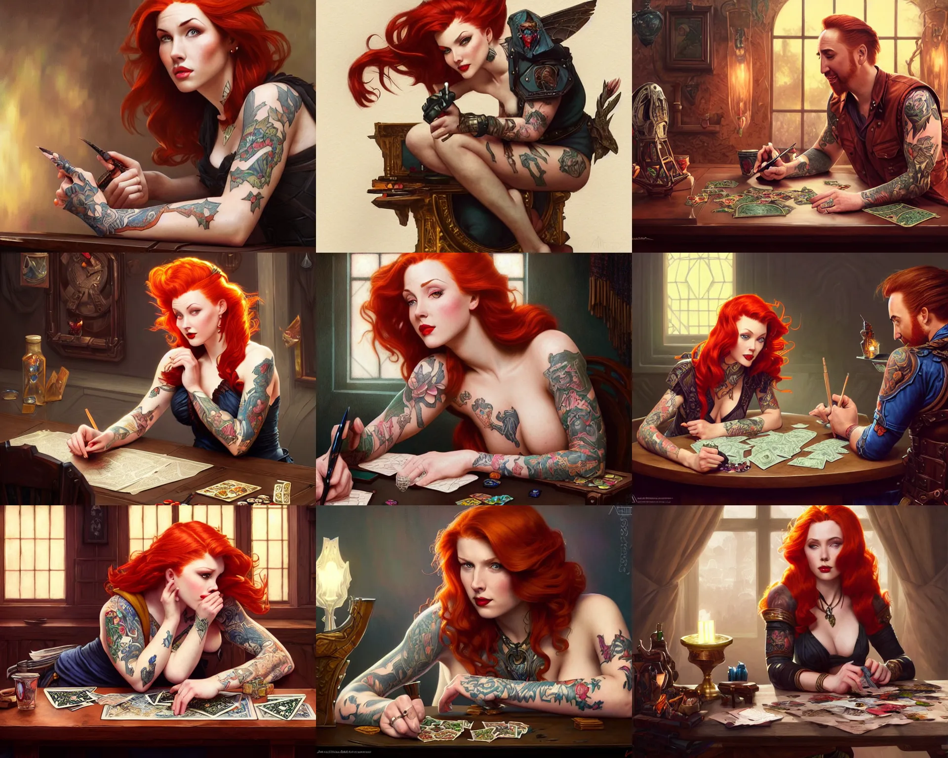 Prompt: redheaded tattooed pinup nicholas cage sitting at table playing dnd, deep focus, d & d, fantasy, intricate, elegant, highly detailed, digital painting, artstation, concept art, matte, sharp focus, illustration, hearthstone, art by artgerm and greg rutkowski and alphonse mucha.