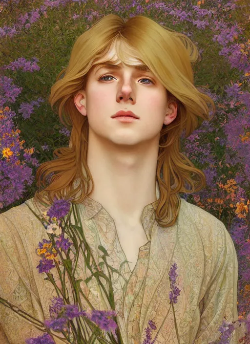 Image similar to pretty young man with shoulder length shiny shimmering golden blond hair, half body shot, decorative flowery background, path traced, highly detailed, high quality, digital painting, by studio ghibli and alphonse mucha, leesha hannigan, hidari, disney, jules bastien - lepage