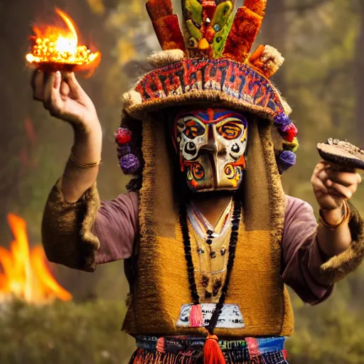 Prompt: an aztec monk with a monster mask is holding mushrooms in one hand, fire as the light source, close-up photography, dramatic scene