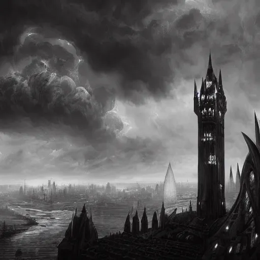 Prompt: an ultra detailed black and white matte painting of a lonely and impossibly tall ominous gothic dark citadel tower of the evil patriarch, in the style of magic the gathering, in a river elevated high above the city, gaslight fantasy capital city, ultrawide lense, aerial photography, scary thunderstorm, exquisite detail, 8 k, art by greg rutkowski and alphonse mucha