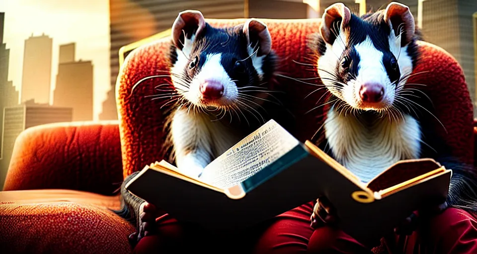 Prompt: An incredibly beautiful scene from a 2022 Marvel film featuring a humanoid ferret reading on a couch. An anthropomorphic ferret person. 8K UHD.