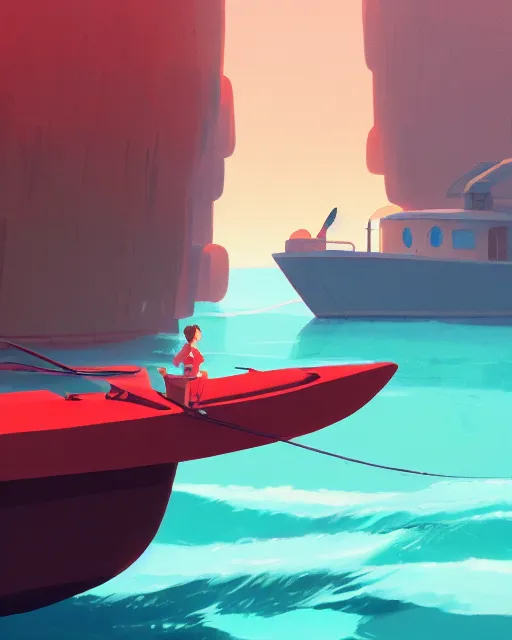 Image similar to a boat made of red stone, deep water, cory loftis, james gilleard, atey ghailan, makoto shinkai, goro fujita, studio ghibli, rim light, exquisite lighting, clear focus, very coherent, plain background, soft painting