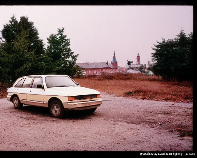 Prompt: a lomographic photo of old polonez polish car standing in typical soviet yard in small town, hrushevka on background, cinestill, bokeh