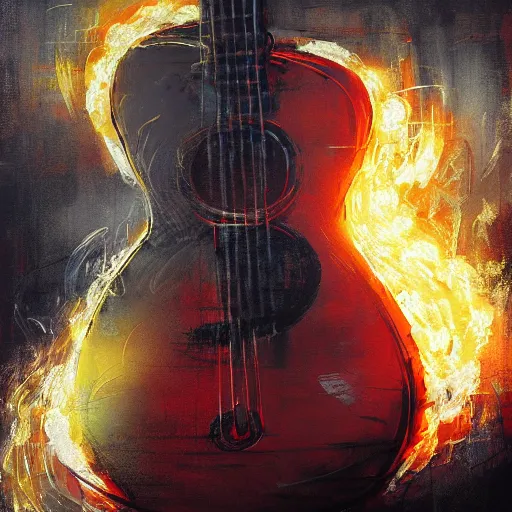 Image similar to a biomechanical robot playing guitar, flames shooting from guitar, ruined street, blood moon, by Jeremy Mann, stylized, detailed, realistic, loose brush strokes