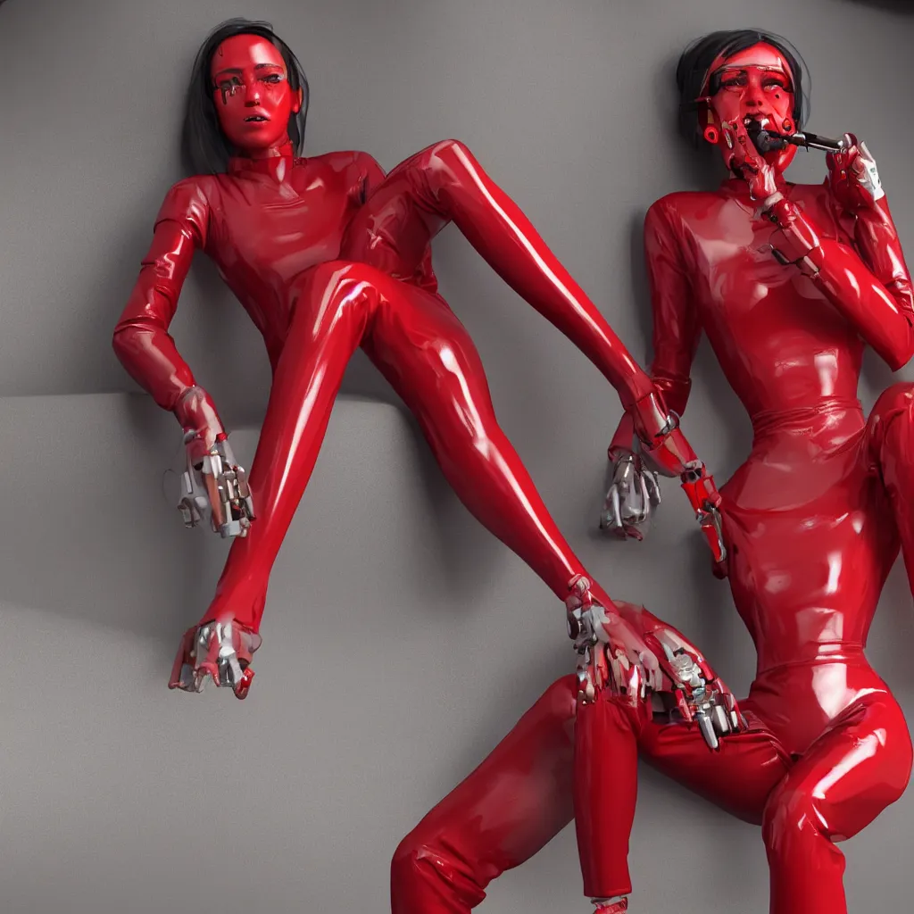 Image similar to a beautiful female cyborg is wearing red latex jumpsuit, sitting down smoking a cigarette, as her mechanical body is slowly shutting down. hyper realistic, octane render, 8 k resolution
