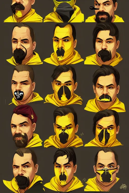 Image similar to gang saints wear yellow bandanas, and some of them have thick mustaches, concept art, pop art style, dynamic comparison, proportional, bioshock art style, gta chinatowon art style, hyper realistic, face and body features, without duplication noise, complicated, sharp focus, intricate, concept art, art by argerm dan richard hamilton