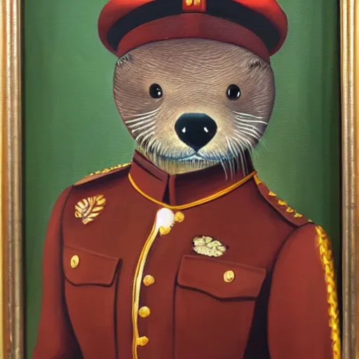 Image similar to oil painting of an anthropomorphic otter in military uniform