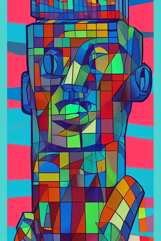 Image similar to cubist moai statue cutout digital illustration cartoon colorful beeple