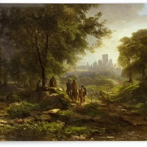 Prompt: post apocalyptic frankfurt, overgrown, landscape, romanticism by andreas achenbach