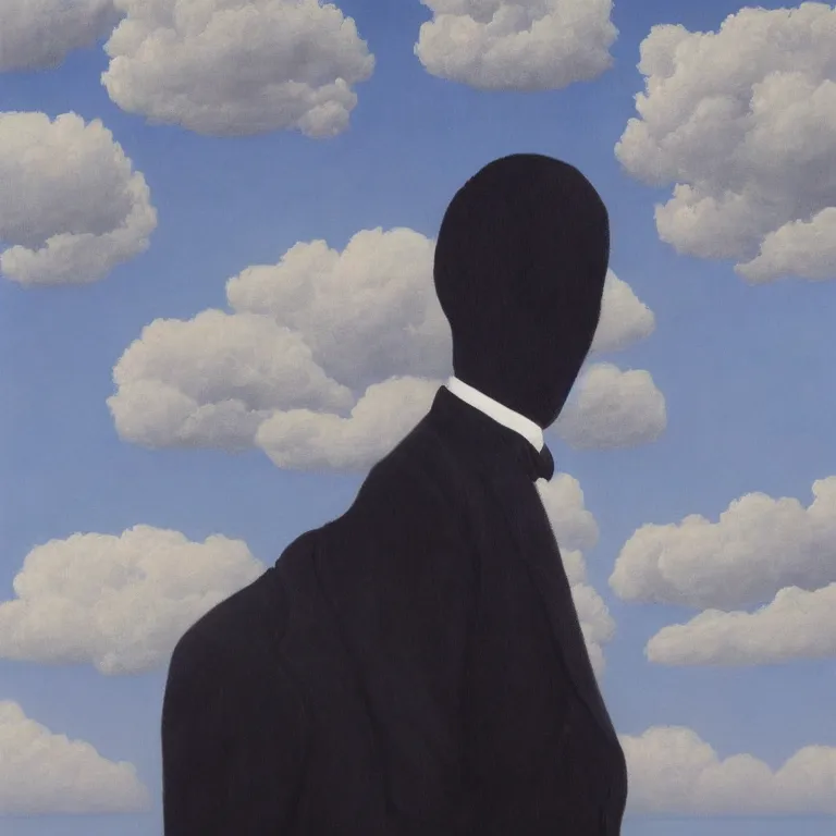 Prompt: portrait of a faceless shadow - head man with long messy fuzzy hair in a suit, clouds in the background, by rene magritte, detailed painting, distance, middle centered, hd, hq, high resolution, high detail, 4 k, 8 k
