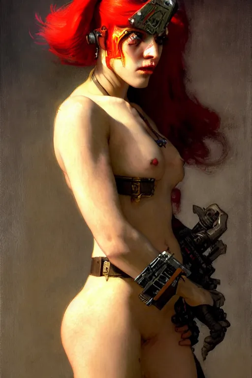 Image similar to full character portrait max mad cyberpunk warhammer 4 0 k, medic sapper not the girl with the pearl earring character design, painting by gaston bussiere, katsuya terada, nc wyeth, greg rutkowski, craig mullins, vermeer, frank frazetta, mucha, tom of finland, trending on artstation, jeffery catherine jones, by norman rockwell