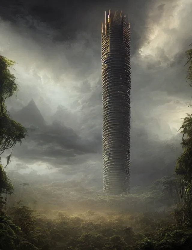 Prompt: A hyper realistic matte painting of a massive epic futuristic science fication tower with glowing engraved runes and dark windows an ominous sky an eerie jungle at twilight by keith parkinson, Christophe Vacher and Gregory Crewdson. Subject in view, golden ratio composition, moody volumetric lighting, very wide shot, f11:10, trending on artstation and cgsociety