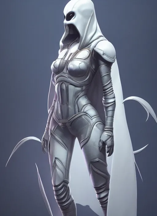 Image similar to female moon knight, hyper detailed, digital art, trending in artstation, cinematic lighting, studio quality, smooth render, unreal engine 5 rendered, octane rendered