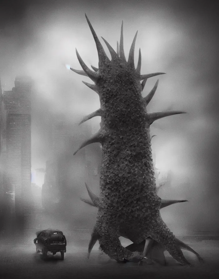 Image similar to very low - resolution found footage of a couple escaping in the city from a starfish kaiju monster, fog, foggy, korean film noir, monochrome, red hue, thriller, underdeveloped, epic, dramatic