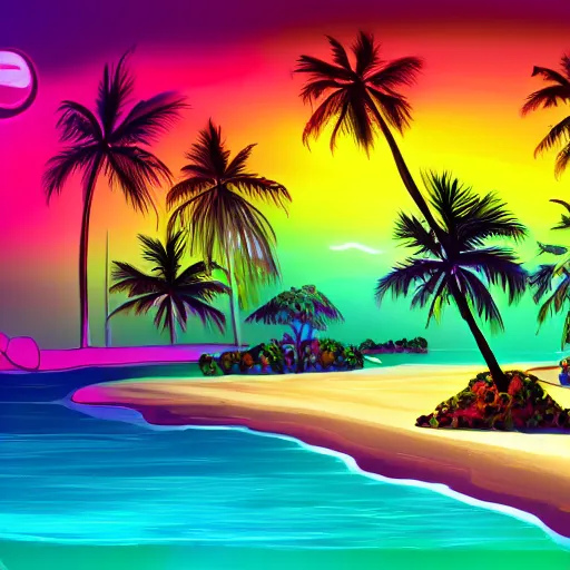Prompt: bioluminescent colorful magical island world with palm trees and beach detailed airbrush painting 4 k