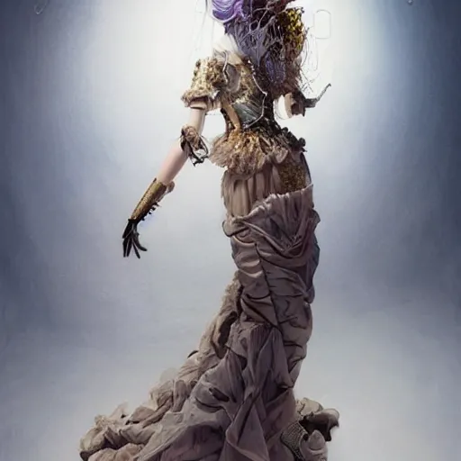 Image similar to A masterpiece portrait of a Incredibly beautiful futuristic high fashion queer model girl with a large luxurious Victorian necklace made of barbred wire. Rococo dress from firing wax candles. trending on artstation, digital art, by Stanley Artgerm Lau, WLOP, Rossdraws, James Jean, Andrei Riabovitchev, Marc Simonetti, Yoshitaka Amano