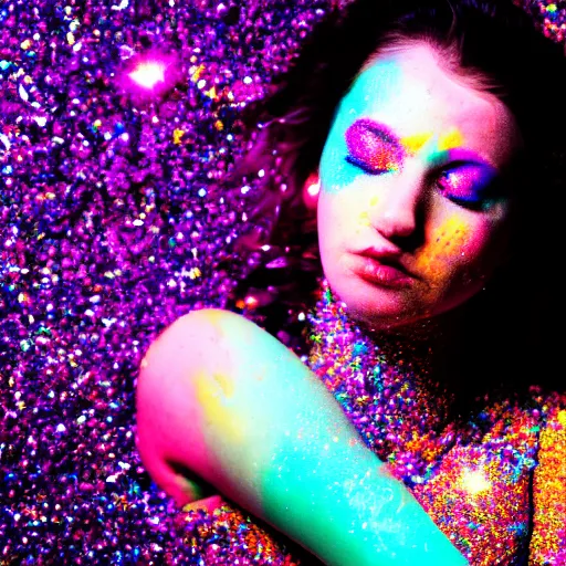 Prompt: a photo of a woman drowning in colourful glitter. dramatic lighting. cyan and pink