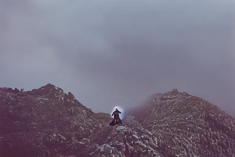 Prompt: darth vader on top of a tall mountain, blue fog, tornadoes surrounding, film photography, soft lighting, vignette