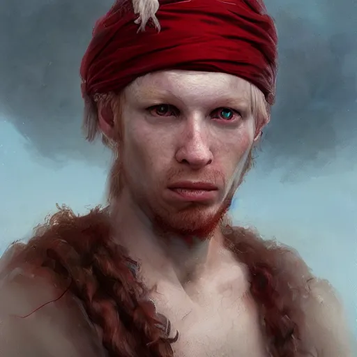 Prompt: very detailed portrait photo of an pale albino albino albino african pirate with red headband and curly hair, featured in artstation, photo art by Greg Rutkowski, WLOP, Dan Mumford, Christophe Vacher