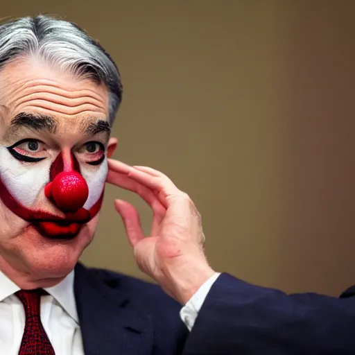 Image similar to Jerome Powell with colorful clown makeup all over his face whiteface