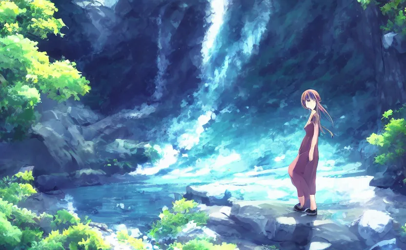 Prompt: An anime girl in a flowing dress, standing in front of a waterfall, anime scenery by Makoto Shinkai, digital art