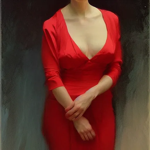 Image similar to yanjun cheng portrait of a beautiful woman, red dress, floral patterns by norman rockwell, bouguereau