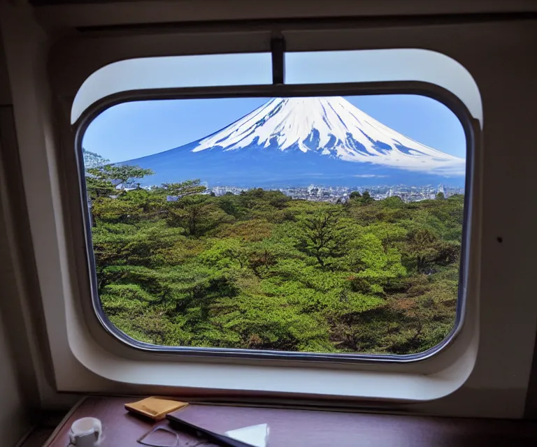 Image similar to a photo of mount fuji, among beautiful japanese landscapes, seen from a window of a train. dramatic lighting.