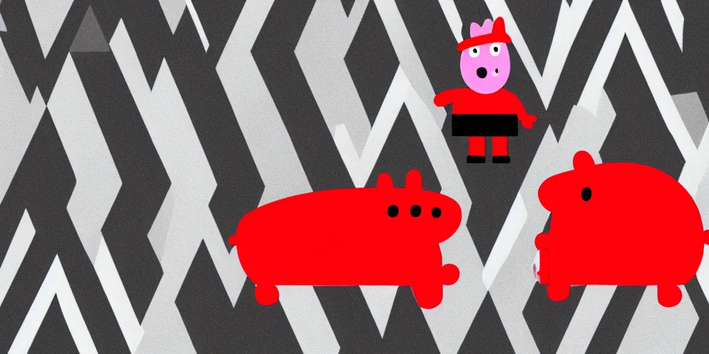 Image similar to peppa pig and Mario in twin peaks. black and white zig zag floor, david lynch, red room, agent cooper