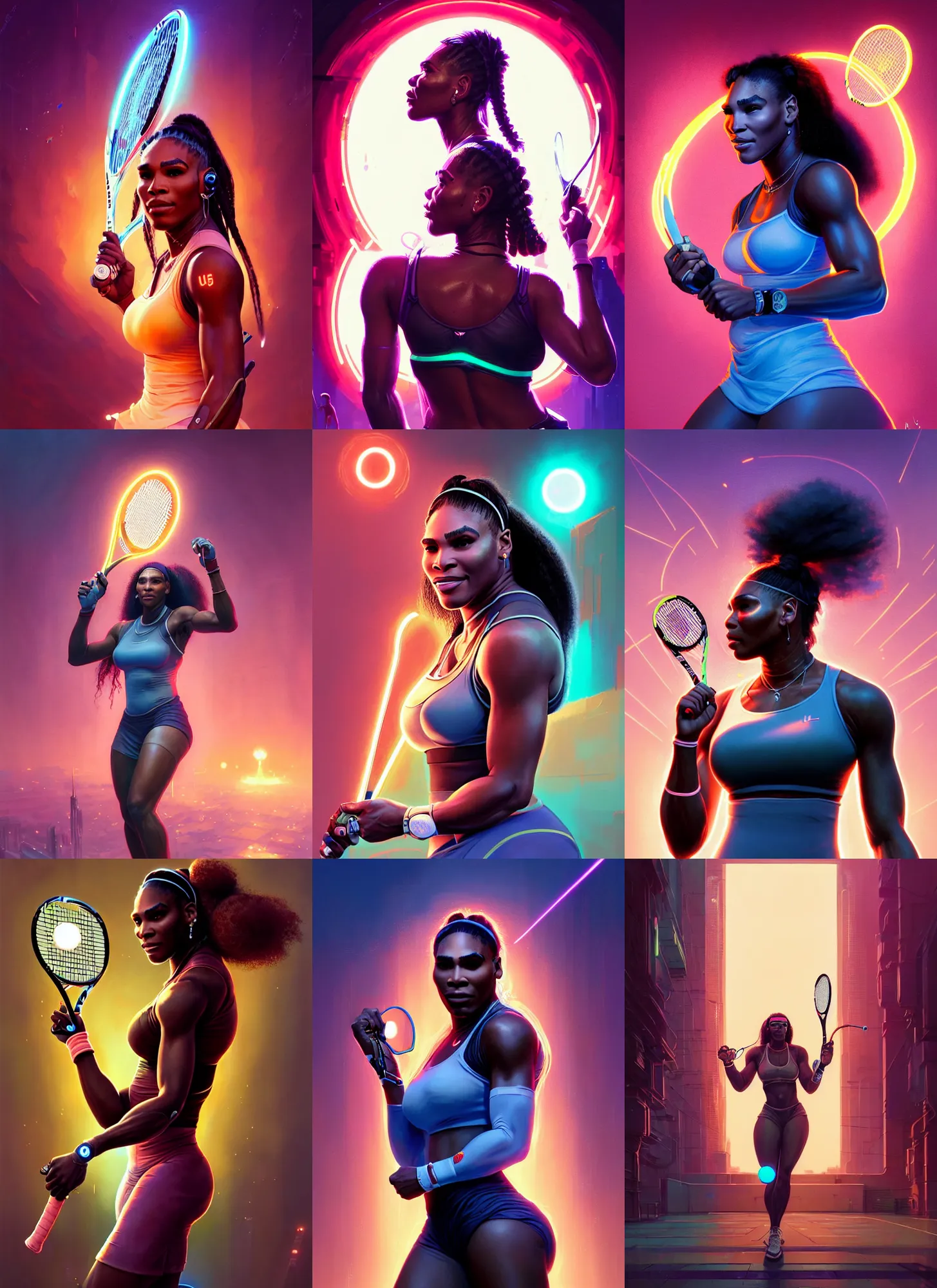 Prompt: highly detailed portrait of cyberpunk serena williams holding a glowing tennis racket, symmetry, unreal engine, fantasy art by greg rutkowski, loish, rhads, ferdinand knab, makoto shinkai and lois van baarle, ilya kuvshinov, rossdraws, tom bagshaw, global illumination, radiant light, detailed and intricate environment, goldenhour