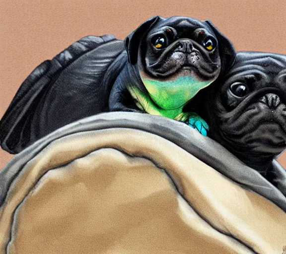 Prompt: a cute little turtle sitting on the back of a black pug, digital art, colourful