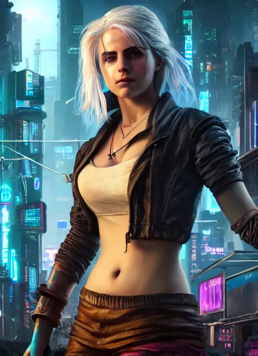 Image similar to ciri in a cyberpunk city full of neon. hyperrealistic oil painting, 4k, very detailed faces, studio lightning, award winning