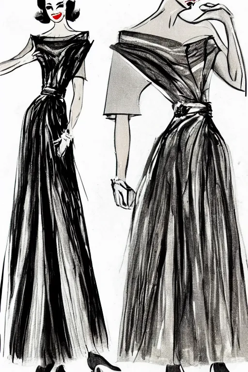 Prompt: a detailed fashion illustration of a 5 0 s hostess gown