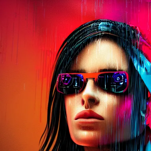 Prompt: stylish woman cartoon portrait made out of rain, leather jacket, cyberpunk background, rendered in octane, unreal engine, highly detailed, trending on artstation, realistic, splashes of neon, beautiful