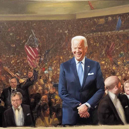 Image similar to Biden staring off into a crowd of people cheering, it’s nighttime, oil painting