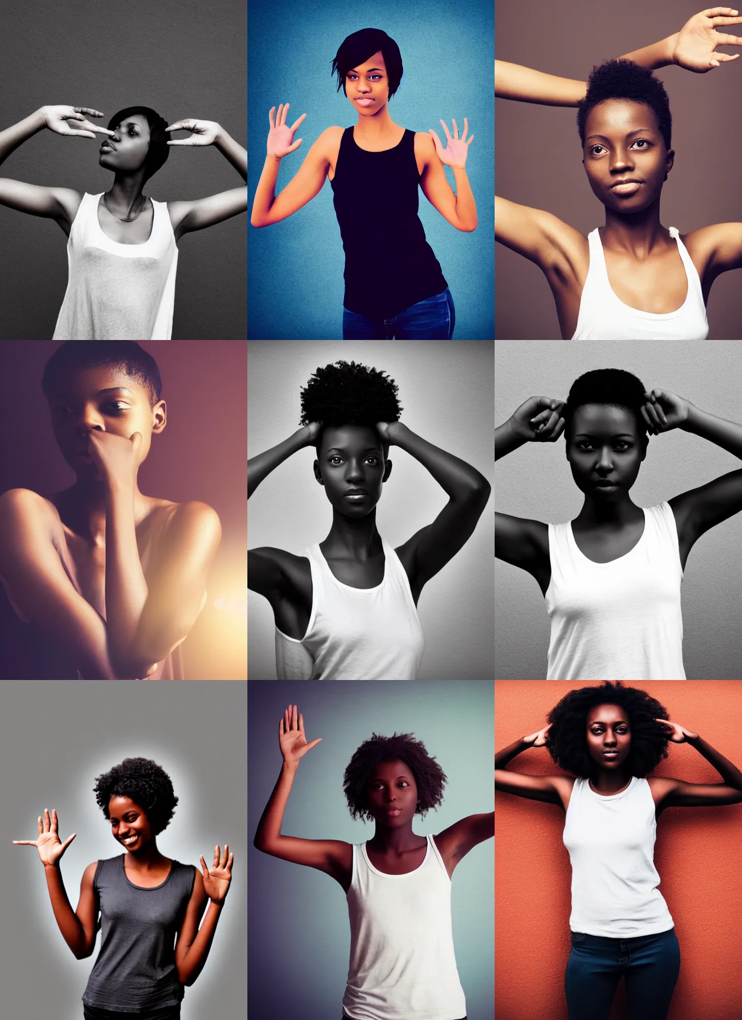 Prompt: attractive girl, short hair, outstretched hands towards camera, dark skin, slim, white tank top, digital art