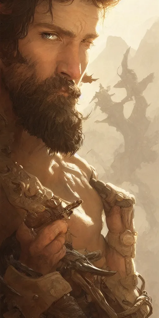 Prompt: portrait of a handsome, rugged ranger, D&D, fantasy, intricate, elegant, highly detailed, digital painting, artstation, concept art, smooth, sharp focus, illustration, art by artgerm and greg rutkowski and alphonse mucha