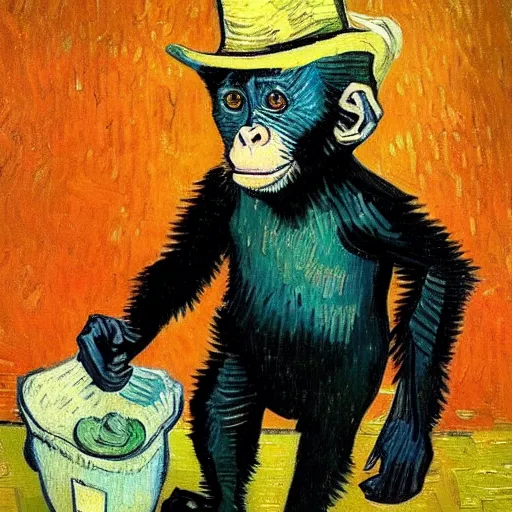 Image similar to van gogh painting of a baby chimpanzee wearing a top hat, 4 k, hyper realistic, dslr, high resolution, landscape, beautiful