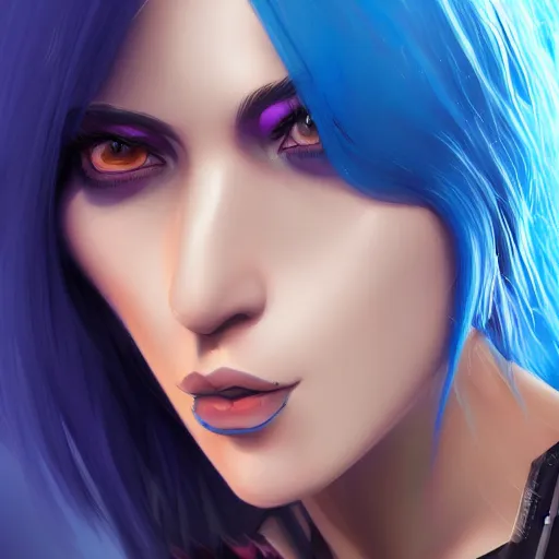 Image similar to a close up of a woman with blue hair, cyberpunk art by Artgerm, featured on cgsociety, fantasy art, deviantart, 2d game art, deviantart hd