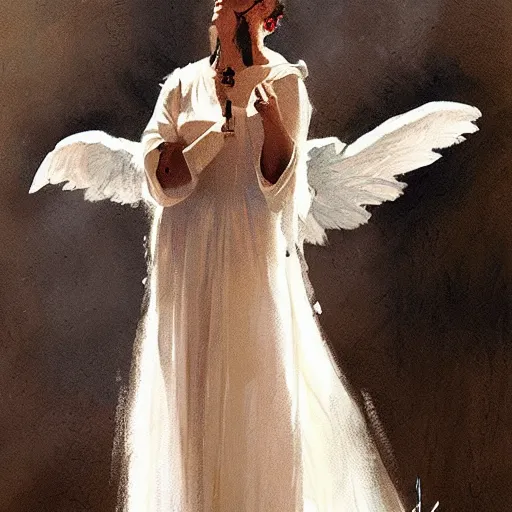 Image similar to Painting by Greg Rutkowski, an opera singer in a white dress with wings on stage