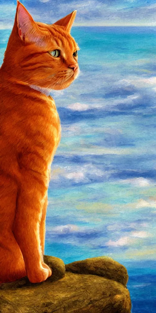 Image similar to orange tabby cat sitting on a rock looking over the ocean, tarot card