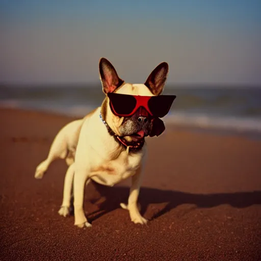 Prompt: photo of dog wearing sunglasses on the beach, cinestill, 8 0 0 t, 3 5 mm, full - hd