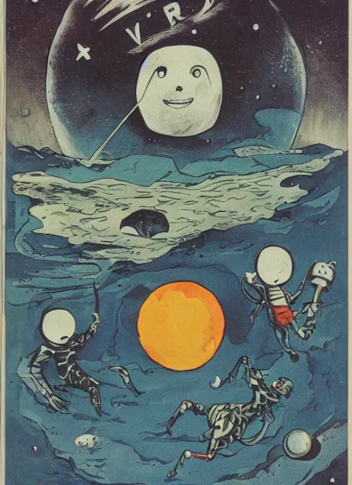 Prompt: earth with a face eating the mars, le voyage dans la lun, art style by george melies, a trip to the moon