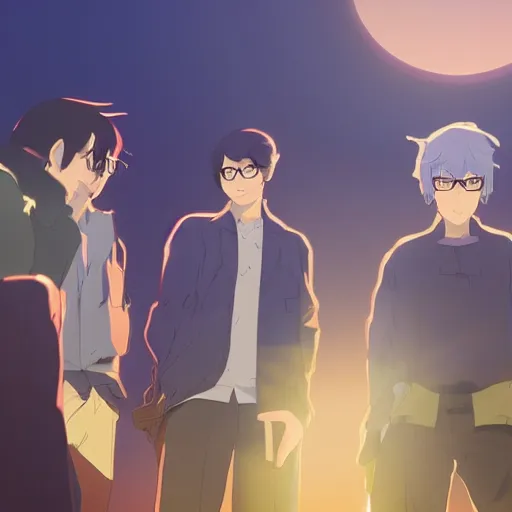 Prompt: four men with their faces hidden standing next to each other, they all wear glasses and the leader holds up a large rough yellow crystal as a show of unity, twilight, dusk, poster art by makoto shinkai, featured on pixiv, environmental art, official art, anime, movie poster